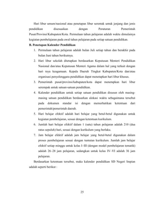 Hari libur umum/nasional atau penetapan libur serentak untuk jenjang dan jenis
pendidikan          disesuaikan             dengan       Peraturan       Pemerintah
Pusat/Provinsi/Kabupaten/Kota. Permulaan tahun pelajaran adalah waktu dimulainya
kegiatan pembelajaran pada awal tahun pelajaran pada setiap satuan pendidikan.
B. Penetapan Kalender Pendidikan
   1. Permulaan tahun pelajaran adalah bulan Juli setiap tahun dan berakhir pada
       bulan Juni tahun berikutnya.
   2. Hari libur sekolah ditetapkan berdasarkan Keputusan Menteri Pendidikan
       Nasional dan/atau Keputusan Menteri Agama dalam hal yang terkait dengan
       hari raya keagamaan. Kepala Daerah Tingkat Kabupaten/Kota dan/atau
       organisasi penyelenggara pendidikan dapat menetapkan hari libur khusus.
   3. Pemerintah pusat/provinsi/kabupaten/kota dapat menetapkan hari libur
       serempak untuk satuan-satuan pendidikan.
   4. Kalender pendidikan untuk setiap satuan pendidikan disusun oleh masing-
       masing satuan pendidikan berdasarkan alokasi waktu sebagaimana tersebut
       pada    dokumen     standar    isi    dengan   memerhatikan   ketentuan   dari
       pemerintah/pemerintah daerah.
   5. Hari belajar efektif adalah hari belajar yang betul-betul digunakan untuk
       kegiatan pembelajaran, sesuai dengan ketentuan kurikulum.
   6. Jumlah hari belajar efektif dalam 1 (satu) tahun pelajaran adalah 210 (dua
       ratus sepuluh) hari, sesuai dengan kurikulum yang berlaku.
   7. Jam belajar efektif adalah jam belajar yang betul-betul digunakan dalam
       proses pembelajaran sesuai dengan tuntutan kurikulum. Jumlah jam belajar
       efektif setiap minggu untuk kelas I–III (dengan model pembelajaran tematik)
       adalah 26–28 jam pelajaran, sedangkan untuk kelas IV–VI adalah 36 jam
       pelajaran.
   Berdasarkan ketentuan tersebut, maka kalender pendidikan SD Negeri Impian
adalah seperti berikut :




                                             25
 