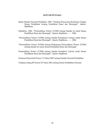 DAFTAR PUSTAKA


Badan Standar Nasional Pendidikan. 2006. ”Panduan Penyusunan Kurikulum Tingkat
      Satuan Pendidikan Jenjang Pendidikan Dasar dan Menengah”. Jakarta:
      Depdiknas.

Depdiknas. 2006. ”Permendiknas Nomor 22/2006 tentang Standar Isi untuk Satuan
      Pendidikan Dasar dan Menengah”. Jakarta: Depdiknas. –––. 2006.

”Permendiknas Nomor 23/2006 tentang Standar Kompetensi Lulusan untuk Satuan
      Pendidikan Dasar dan Menengah”. Jakarta: Depdiknas. –––. 2006.

”Permendiknas Nomor 24/2006 tentang Pelaksanaan Permendiknas Nomor 22/2006
      tentang Standar Isi untuk Satuan Pendidikan Dasar dan Menengah

Permendiknas Nomor 23/2006 tentang Standar Komptensi Lulusan untuk Satuan
      Pendidikan Dasar dan Menengah”. Jakarta: Depdiknas.

Peraturan Pemerintah Nomor 19 Tahun 2005 tentang Standar Nasional Pendidikan.

Undang-Undang RI Nomor 20 Tahun 2003 tentang Sistem Pendidikan Nasional.




                                      30
 