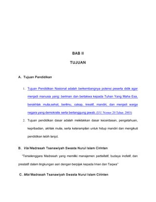 BAB II
TUJUAN
A. Tujuan Pendidikan
1. Tujuan Pendidikan Nasional adalah berkembangnya potensi peserta didik agar
menjadi manusia yang: beriman dan bertakwa kepada Tuhan Yang Maha Esa,
berakhlak mulia,sehat, berilmu, cakap, kreatif, mandiri, dan menjadi warga
negara yang demokratis serta bertanggung jawab. (UU Nomor 20 Tahun 2003)
2. Tujuan pendidikan dasar adalah meletakkan dasar kecerdasan, pengetahuan,
kepribadian, akhlak mulia, serta keterampilan untuk hidup mandiri dan mengikuti
pendidikan lebih lanjut.
B. Visi Madrasah Tsanawiyah Swasta Nurul Islam Cirinten
“Terselenggara Madrasah yang memiliki manajemen partisifatif, budaya inofatif, dan
prestatif dalam lingkungan asri dengan berpijak kepada Iman dan Taqwa”
C. Misi Madrasah Tsanawiyah Swasta Nurul Islam Cirinten
 