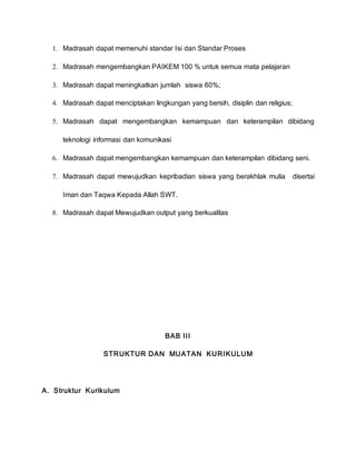 1. Madrasah dapat memenuhi standar Isi dan Standar Proses
2. Madrasah mengembangkan PAIKEM 100 % untuk semua mata pelajaran
3. Madrasah dapat meningkatkan jumlah siswa 60%;
4. Madrasah dapat menciptakan lingkungan yang bersih, disiplin dan religius;
5. Madrasah dapat mengembangkan kemampuan dan keterampilan dibidang
teknologi informasi dan komunikasi
6. Madrasah dapat mengembangkan kemampuan dan keterampilan dibidang seni.
7. Madrasah dapat mewujudkan kepribadian siswa yang berakhlak mulia disertai
Iman dan Taqwa Kepada Allah SWT.
8. Madrasah dapat Mewujudkan output yang berkualitas
BAB III
STRUKTUR DAN MUATAN KURIKULUM
A. Struktur Kurikulum
 