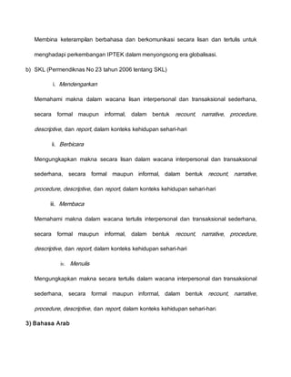 Membina keterampilan berbahasa dan berkomunikasi secara lisan dan tertulis untuk
menghadapi perkembangan IPTEK dalam menyongsong era globalisasi.
b) SKL (Permendiknas No 23 tahun 2006 tentang SKL)
i. Mendengarkan
Memahami makna dalam wacana lisan interpersonal dan transaksional sederhana,
secara formal maupun informal, dalam bentuk recount, narrative, procedure,
descriptive, dan report, dalam konteks kehidupan sehari-hari
ii. Berbicara
Mengungkapkan makna secara lisan dalam wacana interpersonal dan transaksional
sederhana, secara formal maupun informal, dalam bentuk recount, narrative,
procedure, descriptive, dan report, dalam konteks kehidupan sehari-hari
iii. Membaca
Memahami makna dalam wacana tertulis interpersonal dan transaksional sederhana,
secara formal maupun informal, dalam bentuk recount, narrative, procedure,
descriptive, dan report, dalam konteks kehidupan sehari-hari
iv. Menulis
Mengungkapkan makna secara tertulis dalam wacana interpersonal dan transaksional
sederhana, secara formal maupun informal, dalam bentuk recount, narrative,
procedure, descriptive, dan report, dalam konteks kehidupan sehari-hari
3) Bahasa Arab
 