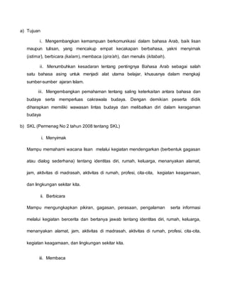 a) Tujuan
i. Mengembangkan kemampuan berkomunikasi dalam bahasa Arab, baik lisan
maupun tulisan, yang mencakup empat kecakapan berbahasa, yakni menyimak
(istima’), berbicara (kalam), membaca (qira’ah), dan menulis (kitabah).
ii. Menumbuhkan kesadaran tentang pentingnya Bahasa Arab sebagai salah
satu bahasa asing untuk menjadi alat utama belajar, khususnya dalam mengkaji
sumber-sumber ajaran Islam.
iii. Mengembangkan pemahaman tentang saling keterkaitan antara bahasa dan
budaya serta memperluas cakrawala budaya. Dengan demikian peserta didik
diharapkan memiliki wawasan lintas budaya dan melibatkan diri dalam keragaman
budaya
b) SKL (Permenag No 2 tahun 2008 tentang SKL)
i. Menyimak
Mampu memahami wacana lisan melalui kegiatan mendengarkan (berbentuk gagasan
atau dialog sederhana) tentang identitas diri, rumah, keluarga, menanyakan alamat,
jam, aktivitas di madrasah, aktivitas di rumah, profesi, cita-cita, kegiatan keagamaan,
dan lingkungan sekitar kita.
ii. Berbicara
Mampu mengungkapkan pikiran, gagasan, perasaan, pengalaman serta informasi
melalui kegiatan bercerita dan bertanya jawab tentang identitas diri, rumah, keluarga,
menanyakan alamat, jam, aktivitas di madrasah, aktivitas di rumah, profesi, cita-cita,
kegiatan keagamaan, dan lingkungan sekitar kita.
iii. Membaca
 