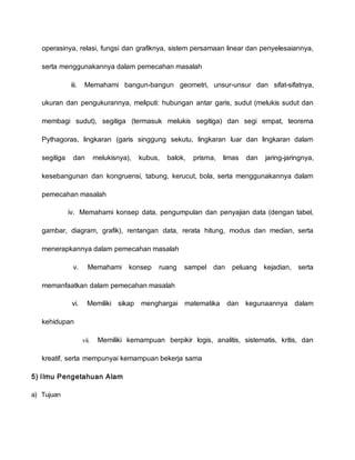 operasinya, relasi, fungsi dan grafiknya, sistem persamaan linear dan penyelesaiannya,
serta menggunakannya dalam pemecahan masalah
iii. Memahami bangun-bangun geometri, unsur-unsur dan sifat-sifatnya,
ukuran dan pengukurannya, meliputi: hubungan antar garis, sudut (melukis sudut dan
membagi sudut), segitiga (termasuk melukis segitiga) dan segi empat, teorema
Pythagoras, lingkaran (garis singgung sekutu, lingkaran luar dan lingkaran dalam
segitiga dan melukisnya), kubus, balok, prisma, limas dan jaring-jaringnya,
kesebangunan dan kongruensi, tabung, kerucut, bola, serta menggunakannya dalam
pemecahan masalah
iv. Memahami konsep data, pengumpulan dan penyajian data (dengan tabel,
gambar, diagram, grafik), rentangan data, rerata hitung, modus dan median, serta
menerapkannya dalam pemecahan masalah
v. Memahami konsep ruang sampel dan peluang kejadian, serta
memanfaatkan dalam pemecahan masalah
vi. Memiliki sikap menghargai matematika dan kegunaannya dalam
kehidupan
vii. Memiliki kemampuan berpikir logis, analitis, sistematis, kritis, dan
kreatif, serta mempunyai kemampuan bekerja sama
5) Ilmu Pengetahuan Alam
a) Tujuan
 