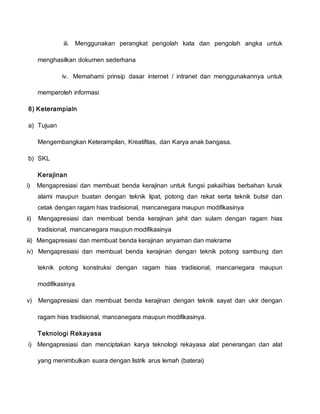 iii. Menggunakan perangkat pengolah kata dan pengolah angka untuk
menghasilkan dokumen sederhana
iv. Memahami prinsip dasar internet / intranet dan menggunakannya untuk
memperoleh informasi
8) Keterampialn
a) Tujuan
Mengembangkan Keterampilan, Kreatifitas, dan Karya anak bangasa.
b) SKL
Kerajinan
i) Mengapresiasi dan membuat benda kerajinan untuk fungsi pakai/hias berbahan lunak
alami maupun buatan dengan teknik lipat, potong dan rekat serta teknik butsir dan
cetak dengan ragam hias tradisional, mancanegara maupun modifikasinya
ii) Mengapresiasi dan membuat benda kerajinan jahit dan sulam dengan ragam hias
tradisional, mancanegara maupun modifikasinya
iii) Mengapresiasi dan membuat benda kerajinan anyaman dan makrame
iv) Mengapresiasi dan membuat benda kerajinan dengan teknik potong sambung dan
teknik potong konstruksi dengan ragam hias tradisional, mancanegara maupun
modifikasinya
v) Mengapresiasi dan membuat benda kerajinan dengan teknik sayat dan ukir dengan
ragam hias tradisional, mancanegara maupun modifikasinya.
Teknologi Rekayasa
i) Mengapresiasi dan menciptakan karya teknologi rekayasa alat penerangan dan alat
yang menimbulkan suara dengan listrik arus lemah (baterai)
 
