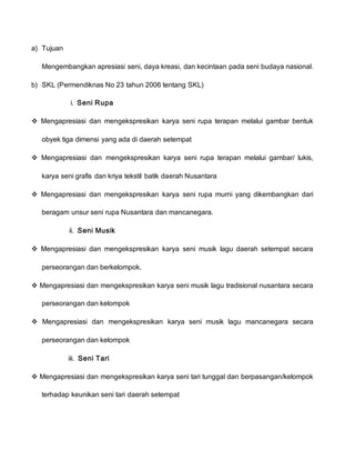 a) Tujuan
Mengembangkan apresiasi seni, daya kreasi, dan kecintaan pada seni budaya nasional.
b) SKL (Permendiknas No 23 tahun 2006 tentang SKL)
i. Seni Rupa
 Mengapresiasi dan mengekspresikan karya seni rupa terapan melalui gambar bentuk
obyek tiga dimensi yang ada di daerah setempat
 Mengapresiasi dan mengekspresikan karya seni rupa terapan melalui gambar/ lukis,
karya seni grafis dan kriya tekstil batik daerah Nusantara
 Mengapresiasi dan mengekspresikan karya seni rupa murni yang dikembangkan dari
beragam unsur seni rupa Nusantara dan mancanegara.
ii. Seni Musik
 Mengapresiasi dan mengekspresikan karya seni musik lagu daerah setempat secara
perseorangan dan berkelompok.
 Mengapresiasi dan mengekspresikan karya seni musik lagu tradisional nusantara secara
perseorangan dan kelompok
 Mengapresiasi dan mengekspresikan karya seni musik lagu mancanegara secara
perseorangan dan kelompok
iii. Seni Tari
 Mengapresiasi dan mengekspresikan karya seni tari tunggal dan berpasangan/kelompok
terhadap keunikan seni tari daerah setempat
 