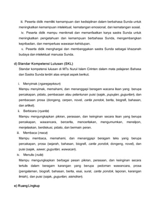 iii. Peserta didik memiliki kemampuan dan kedisiplinan dalam berbahasa Sunda untuk
meningkatkan kemampuan intelektual, kematangan emosional, dan kematangan sosial.
iv. Peserta didik mampu menikmati dan memanfaatkan karya sastra Sunda untuk
meningkatkan pengetahuan dan kemampuan berbahasa Sunda, mengembangkan
kepribadian, dan memperluas wawasan kehidupan.
v. Peserta didik menghargai dan membanggakan sastra Sunda sebagai khazanah
budaya dan intelektual manusia Sunda.
d) Standar Kompetensi Lulusan (SKL)
Standar kompetensi lulusan di MTs Nurul Islam Cirinten dalam mata pelajaran Bahasa
dan Sastra Sunda terdiri atas empat aspek berikut.
i. Menyimak (ngaregepkeun)
Mampu menyimak, memahami, dan menanggapi beragam wacana lisan yang berupa
percakapan, pidato, pembacaan atau pelantunan puisi (sajak, pupujian, guguritan), dan
pembacaan prosa (dongeng, cerpen, novel, carita pondok, berita, biografi, bahasan,
dan artikel).
ii. Berbicara (nyarita)
Mampu mengungkapkan pikiran, perasaan, dan keinginan secara lisan yang berupa
percakapan, wawancara, bercerita, menceritakan, mengumumkan, menelpon,
menjelaskan, berdiskusi, pidato, dan bermain peran.
iii. Membaca (maca)
Mampu membaca, memahami, dan menanggapi beragam teks yang berupa
percakapan, prosa (sejarah, bahasan, biografi, carita pondok, dongeng, novel), dan
puisi (sajak, sawer, guguritan, wawacan).
iv. Menulis (nulis)
Mampu mengungkapkan berbagai pesan pikiran, perasaan, dan keinginan secara
tertulis dalam beragam karangan yang berupa pedoman wawancara, prosa
(pengalaman, biografi, bahasan, berita, esai, surat, carita pondok, laporan, karangan
ilmiah), dan puisi (sajak, guguritan, sisindiran).
e) Ruang Lingkup
 