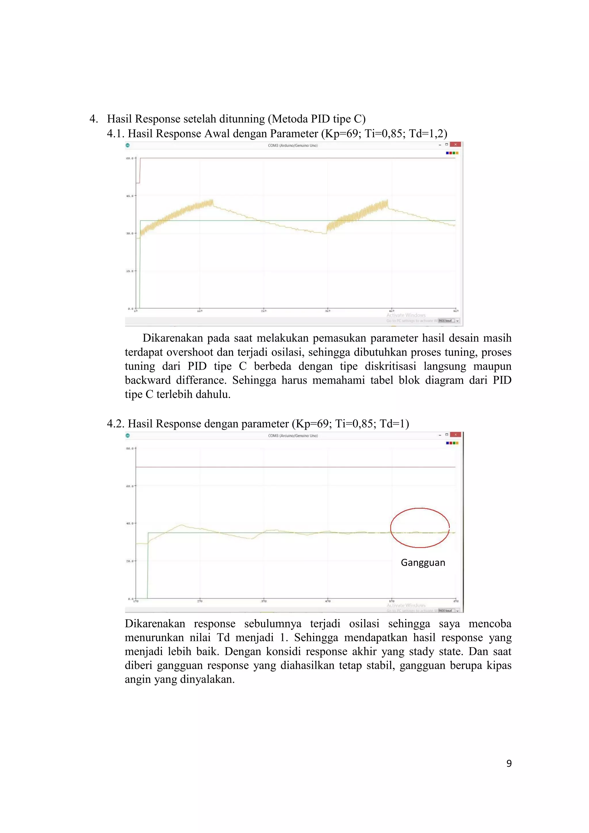 4. Hasil Response setelah ditunning (Metoda PID tipe C)
4.1. Hasil Response Awal dengan Parameter (Kp=69; Ti=0,85; Td=1,2)
Dikarenakan pada saat melakukan pemasukan parameter hasil desain masih
terdapat overshoot dan terjadi osilasi, sehingga dibutuhkan proses tuning, proses
tuning dari PID tipe C berbeda dengan tipe diskritisasi langsung maupun
backward differance. Sehingga harus memahami tabel blok diagram dari PID
tipe C terlebih dahulu.
4.2. Hasil Response dengan parameter (Kp=69; Ti=0,85; Td=1)
Gangguan
Dikarenakan response sebulumnya terjadi osilasi sehingga saya mencoba
menurunkan nilai Td menjadi 1. Sehingga mendapatkan hasil response yang
menjadi lebih baik. Dengan konsidi response akhir yang stady state. Dan saat
diberi gangguan response yang diahasilkan tetap stabil, gangguan berupa kipas
angin yang dinyalakan.
9
 