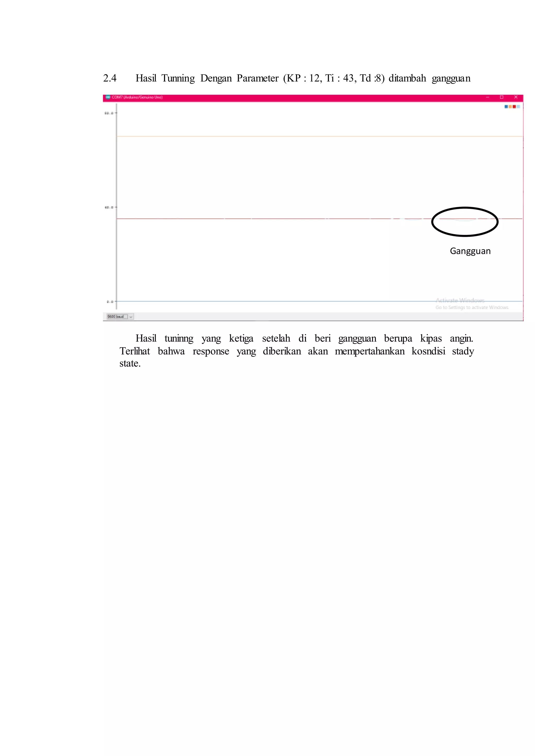 2.4 Hasil Tunning Dengan Parameter (KP : 12, Ti : 43, Td :8) ditambah gangguan
Hasil tuninng yang ketiga setelah di beri gangguan berupa kipas angin.
Terlihat bahwa response yang diberikan akan mempertahankan kosndisi stady
state.
Gangguan
 