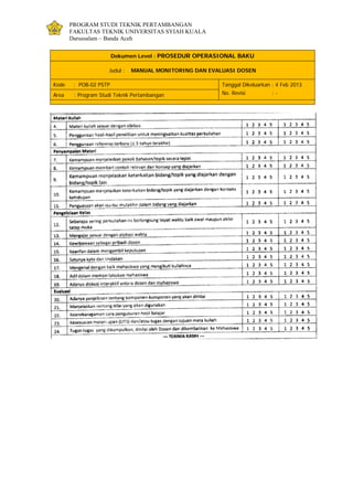 PROGRAM STUDI TEKNIK PERTAMBANGAN
FAKULTAS TEKNIK UNIVERSITAS SYIAH KUALA
Darussalam – Banda Aceh
Dokumen Level : PROSEDUR OPERASIONAL BAKU
Judul : MANUAL MONITORING DAN EVALUASI DOSEN
Kode : POB-02 PSTP Tanggal Dikeluarkan : 4 Feb 2013
No. Revisi : -Area : Program Studi Teknik Pertambangan
 