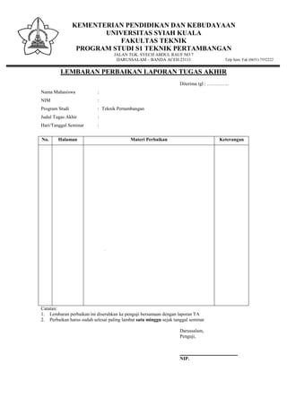 KEMENTERIAN PENDIDIKAN DAN KEBUDAYAAN
UNIVERSITAS SYIAH KUALA
FAKULTAS TEKNIK
PROGRAM STUDI S1 TEKNIK PERTAMBANGAN
JALAN TGK. SYECH ABDUL RAUF NO 7
DARUSSALAM – BANDA ACEH 23111 Telp Sent. Fak (0651) 7552222
LEMBARAN PERBAIKAN LAPORAN TUGAS AKHIR
Diterima tgl : …………..
Nama Mahasiswa :
NIM :
Program Studi : Teknik Pertambangan
Judul Tugas Akhir :
Hari/Tanggal Seminar :
No. Halaman Materi Perbaikan Keterangan
Catatan:
1. Lembaran perbaikan ini diserahkan ke penguji bersamaan dengan laporan TA
2. Perbaikan harus sudah selesai paling lambat satu minggu sejak tanggal seminar
Darussalam,
Penguji,
________________________
NIP.
 