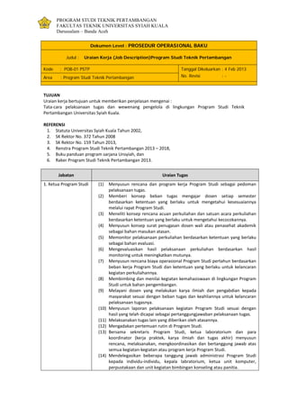 PROGRAM STUDI TEKNIK PERTAMBANGAN
FAKULTAS TEKNIK UNIVERSITAS SYIAH KUALA
Darussalam – Banda Aceh
Dokumen Level : PROSEDUR OPERASIONAL BAKU
Judul : Uraian Kerja (Job Description)Program Studi Teknik Pertambangan
Kode : POB-01 PSTP Tanggal Dikeluarkan : 4 Feb 2013
No. Revisi : -Area : Program Studi Teknik Pertambangan
TUJUAN
Uraian kerja bertujuan untuk memberikan penjelasan mengenai :
Tata-cara pelaksanaan tugas dan wewenang pengelola di lingkungan Program Studi Teknik
Pertambangan Universitas Syiah Kuala.
REFERENSI
1. Statuta Universitas Syiah Kuala Tahun 2002,
2. SK Rektor No. 372 Tahun 2008
3. SK Rektor No. 159 Tahun 2013,
4. Renstra Program Studi Teknik Pertambangan 2013 – 2018,
5. Buku panduan program sarjana Unsyiah, dan
6. Raker Program Studi Teknik Pertambangan 2013.
Jabatan Uraian Tugas
1. Ketua Program Studi (1) Menyusun rencana dan program kerja Program Studi sebagai pedoman
pelaksanaan tugas.
(2) Memberi konsep beban tugas mengajar dosen setiap semester
berdasarkan ketentuan yang berlaku untuk mengetahui kesesuaiannya
melalui rapat Program Studi.
(3) Meneliti konsep rencana acuan perkuliahan dan satuan acara perkuliahan
berdasarkan ketentuan yang berlaku untuk mengetahui kecocokannya.
(4) Menyusun konsep surat penugasan dosen wali atau penasehat akademik
sebagai bahan masukan atasan.
(5) Memonitor pelaksanaan perkuliahan berdasarkan ketentuan yang berlaku
sebagai bahan evaluasi.
(6) Mengevaluasikan hasil pelaksanaan perkuliahan berdasarkan hasil
monitoring untuk meningkatkan mutunya.
(7) Menyusun rencana biaya operasional Program Studi pertahun berdasarkan
beban kerja Program Studi dan ketentuan yang berlaku untuk kelancaran
kegiatan perkuliahannya.
(8) Membimbing dan menilai kegiatan kemahasiswaan di lingkungan Program
Studi untuk bahan pengembangan.
(9) Melayani dosen yang melakukan karya ilmiah dan pengabdian kepada
masyarakat sesuai dengan beban tugas dan keahliannya untuk kelancaran
pelaksanaan tugasnya.
(10) Menyusun laporan pelaksanaan kegiatan Program Studi sesuai dengan
hasil yang telah dicapai sebagai pertanggungjawaban pelaksanaan tugas.
(11) Melaksanakan tugas lain yang diberikan oleh atasannya.
(12) Mengadakan pertemuan rutin di Program Studi.
(13) Bersama sekretaris Program Studi, ketua laboratorium dan para
koordinator (kerja praktek, karya ilmiah dan tugas akhir) menyusun
rencana, melaksanakan, mengkoordinasikan dan bertanggung jawab atas
semua kegiatan-kegiatan atau program kerja Program Studi.
(14) Mendelegasikan beberapa tanggung jawab administrasi Program Studi
kepada individu-individu, kepala labratorium, ketua unit komputer,
perpustakaan dan unit kegiatan bimbingan konseling atau panitia.
 