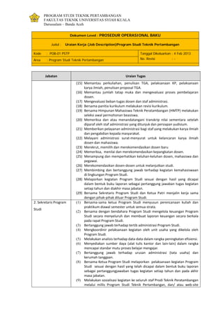 PROGRAM STUDI TEKNIK PERTAMBANGAN
FAKULTAS TEKNIK UNIVERSITAS SYIAH KUALA
Darussalam – Banda Aceh
Dokumen Level : PROSEDUR OPERASIONAL BAKU
Judul : Uraian Kerja (Job Description)Program Studi Teknik Pertambangan
Kode : POB-01 PSTP Tanggal Dikeluarkan : 4 Feb 2013
No. Revisi : -Area : Program Studi Teknik Pertambangan
Jabatan Uraian Tugas
(15) Memantau perkuliahan, penulisan TGA, pelaksanaan KP, pelaksanaan
karya ilmiah, penulisan proposal TGA.
(16) Memantau jumlah tatap muka dan mengevaluasi proses pembelajaran
dosen.
(17) Mengevaluasi beban tugas dosen dan staf administrasi.
(18) Bersama panitia kurikulum melakukan revisi kurikulum.
(19) Bersama Himpunan Mahasiswa Teknik Peratambangan (HMTP) melakukan
seleksi awal permohonan beasiswa.
(20) Memeriksa dan atau menandatangani transkrip nilai sementara setelah
diparaf oleh staf administrasi yang ditunjuk dan persiapan yudisium.
(21) Memberikan pelayanan administrasi bagi staf yang melakukan karya ilmiah
dan pengabdian kepada masyarakat.
(22) Melayani administrasi surat-menyurat untuk kelancaran karya ilmiah
dosen dan mahasiswa.
(23) Merekrut, memilih dan merekomendasikan dosen baru
(24) Memeriksa, menilai dan merekomendasikan kepangkatan dosen.
(25) Menampung dan memperhatikan keluhan-keluhan dosen, mahasiswa dan
pegawai.
(26) Merekomendasikan dosen-dosen untuk melanjutkan studi.
(27) Membimbing dan bertanggung jawab terhadap kegiatan kemahasiswaan
di lingkungan Program Studi.
(28) Melaporkan kegiatan Program Studi sesuai dengan hasil yang dicapai
dalam bentuk buku laporan sebagai pertanggung jawaban tugas kegiatan
setiap tahun dan diakhir masa jabatan.
(29) Bersama Sekretaris Program Studi dan Ketua Patri menjalin kerja sama
dengan pihak-pihak diluar Program Studi.
2. Sekretaris Program
Studi
(1) Bersama-sama ketua Program Studi menyusun perencanaan kuliah dan
praktikum diawal semester untuk semua strata.
(2) Bersama dengan bendahara Program Studi mengelola keuangan Program
Studi secara menyeluruh dan membuat laporan keuangan secara berkala
pada rapat Program Studi.
(3) Bertanggung jawab terhadap tertib administrasi Program Studi.
(4) Mengkoordinir pelaksanaan kegiatan oleh unit usaha yang dikelola oleh
Program Studi.
(5) Melakukan analisis terhadap data-data dalam rangka peningkatan efisiensi.
(6) Menyediakan sumber daya (alat tulis kantor dan lain-lain) dalam rangka
mencapai standar mutu proses belajar mengajar.
(7) Bertanggung jawab terhadap urusan administrasi (tata usaha) dan
kerumah tanggaan.
(8) Bersama Ketua Program Studi melaporkan pelaksanaan kegiatan Program
Studi sesuai dengan hasil yang telah dicapai dalam bentuk buku laporan
sebagai pertanggungjawaban tugas kegiatan setiap tahun dan pada akhir
masa jabatan.
(9) Melakukan sosialisasi kegiatan ke seluruh staf Prodi Teknik Peratambangan
melalui millis Program Studi Teknik Pertambangan, dan/ atau web-site
 
