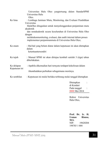 31Manual Mutu SPMI-UHO, 2014
Universitas Halu Oleo yangtertuang dalam StandarSPMI
Universitas Halu
Oleo.
Ke lima : Lembaga Jaminan Mutu, Monitoring, dan Evaluasi Pendidikan
Universitas
HaluOleo ditugaskan untuk menyelenggarakan penjaminan mutu
akademik
dan nonakademik secara keseluruhan di Universitas Halu Oleo
dengan
melakukanmonitoring, evaluasi, dan audit internal dalam proses
implementasi penjaminanmutu di Universitas Halu Oleo;
Ke enam : Hal-hal yang belum diatur dalam keputusan ini akan ditetapkan
dalam
ketentuantersendiri
Ke tujuh : Manual SPMI ini akan ditinjau kembali setelah 3 (tiga) tahun
diberlakukan.
Ke delapan : Apabila dikemudian hari ternyata terdapat kekeliruan dalam
Keputusan ini
Akandiadakan perbaikan sebagaimana mestinya.
Ke sembilan : Keputusan ini mulai berlaku terhitung mulai tanggal ditetapkan
Ditetapkan :
di Kendari
Pada tanggal :
0000 Mei 2014
Rektor Universitas
Halu Oleo,
Prof. Dr. Ir. H.
Usman Rianse,
M.S.
NIP. 19620204
198703 1 004
 