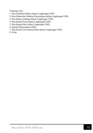 32Manual Mutu SPMI-UHO, 2014
Tembusan Yth :
1. Para Pembantu Rektor dalam Lingkungan UHO
2. Para Dekan dan Direktur Pascasarjana dalam Lingkungan UHO;
3. Para Ketua Lembaga dalam Lingkungan UHO;
4. Para Kepala Pusat dalam Lingkungan UHO;
5. Para Kepala Biro dalam Lingkungan UHO;
6. Kepala Perpustakaan UHO;
7. Para Ketua Unit Jaminan Mutu dalam Lingkungan UHO;
8. Arsip
 
