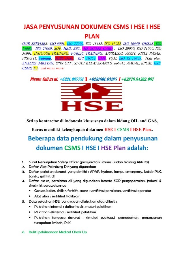 JASA PENYUSUNAN HSE I CSMS I HSE PLAN I telp +2813801