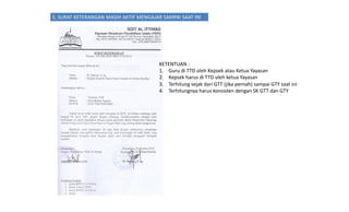 5. SURAT KETERANGAN MASIH AKTIF MENGAJAR SAMPAI SAAT INI




                                        KETENTUAN :
                                        1. Guru di TTD oleh Kepsek atau Ketua Yayasan
                                        2. Kepsek harus di TTD oleh ketua Yayasan
                                        3. Terhitung sejak dari GTT (jika pernah) sampai GTY saat ini
                                        4. Terhitungnya harus konsisten dengan SK GTT dan GTY
 