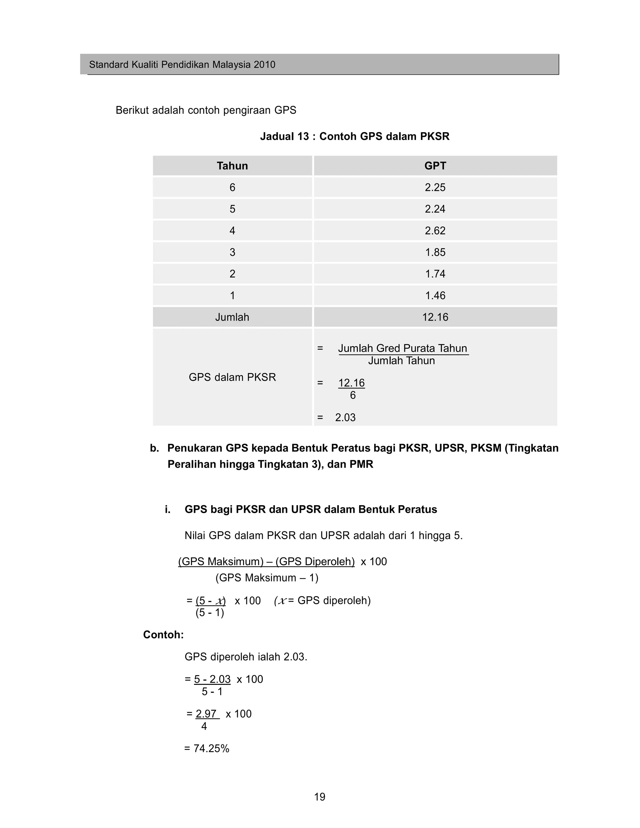Standard Kualiti Pendidikan Malaysia 2010



     Berikut adalah contoh pengiraan GPS

                                     Jadual 13 : Contoh GPS dalam PKSR

                            Tahun                                      GPT
                                 6                                     2.25
                                 5                                     2.24

                                 4                                     2.62
                                 3                                     1.85
                                 2                                     1.74

                                 1                                     1.46
                            Jumlah                                    12.16

                                                  =    Jumlah Gred Purata Tahun
                                                            Jumlah Tahun
                      GPS dalam PKSR
                                                  =    12.16
                                                         6

                                                  =    2.03

             b. Penukaran GPS kepada Bentuk Peratus bagi PKSR, UPSR, PKSM (Tingkatan
                Peralihan hingga Tingkatan 3), dan PMR



                i.    GPS bagi PKSR dan UPSR dalam Bentuk Peratus

                      Nilai GPS dalam PKSR dan UPSR adalah dari 1 hingga 5.

                     (GPS Maksimum) – (GPS Diperoleh) x 100
                           (GPS Maksimum – 1)

                      = (5 - x) x 100    (x = GPS diperoleh)
                        (5 - 1)

           Contoh:

                      GPS diperoleh ialah 2.03.

                      = 5 - 2.03 x 100
                          5-1

                      = 2.97 x 100
                         4

                      = 74.25%



                                                  19
 