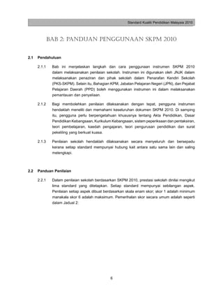 Standard Kualiti Pendidikan Malaysia 2010




              BAB 2: PANDUAN PENGGUNAAN SKPM 2010


2.1   Pendahuluan

      2.1.1    Bab ini menjelaskan langkah dan cara penggunaan instrumen SKPM 2010
               dalam melaksanakan penilaian sekolah. Instrumen ini digunakan oleh JNJK dalam
               melaksanakan penaziran dan pihak sekolah dalam Penarafan Kendiri Sekolah
               (PKS-SKPM). Selain itu, Bahagian KPM, Jabatan Pelajaran Negeri (JPN), dan Pejabat
               Pelajaran Daerah (PPD) boleh menggunakan instrumen ini dalam melaksanakan
               pemantauan dan penyeliaan.

      2.1.2    Bagi membolehkan penilaian dilaksanakan dengan tepat, pengguna instrumen
               hendaklah meneliti dan memahami keseluruhan dokumen SKPM 2010. Di samping
               itu, pengguna perlu berpengetahuan khususnya tentang Akta Pendidikan, Dasar
               Pendidikan Kebangsaan, Kurikulum Kebangsaan, sistem peperiksaan dan pentaksiran,
               teori pembelajaran, kaedah pengajaran, teori pengurusan pendidikan dan surat
               pekeliling yang berkuat kuasa.

      2.1.3    Penilaian sekolah hendaklah dilaksanakan secara menyeluruh dan bersepadu
               kerana setiap standard mempunyai hubung kait antara satu sama lain dan saling
               melengkapi.



2.2   Panduan Penilaian

      2.2.1    Dalam penilaian sekolah berdasarkan SKPM 2010, prestasi sekolah dinilai mengikut
               lima standard yang ditetapkan. Setiap standard mempunyai sebilangan aspek.
               Penilaian setiap aspek dibuat berdasarkan skala enam skor; skor 1 adalah minimum
               manakala skor 6 adalah maksimum. Pemerihalan skor secara umum adalah seperti
               dalam Jadual 2:




                                                6
 
