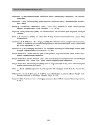 Standard Kualiti Pendidikan Malaysia 2010



Sergiovanni, T. (1996). Leadership for the schoolhouse: How is it different? Why is it important?, San Francisco:
       Jossey-Bass.

Sergiovanni, T. (2005). The principalship: A reflective practice perspective (5th ed.). Needham Heights, Maryland:
       Allyn & Bacon.

Shahril @ Charil Marzuki, & Muhammad Faizal A. Ghani. (2007). Pembentukan model sekolah berkesan
       Malaysia: Satu kajian delphi. Jurnal Pendidikan, 27 (1), 179-199.

Singapore, Ministry of Education. (2006). The school excellence self assessment guide. Singapore: Ministry of
      Education.

Smith, D., & Tomlinson, S. (1989). The school effect: A study of multi-racial comprehensives. London: Policy
       Studies Institute.

Vanderstoep, S. W.,Anderman, F. M., & Midgley, C. (2005). The relationship among principal “venturesomeness”,
      a stress on excellence and the personal engagement of teachers and students. School Effectiveness
      and School Improvement, 5, 254-271.

Wicklein, R. C. (1993). Identifying critical issues and problems in technology education using a modified-delphi
       technique. Journal of Technology Education, 5 (1), 34-45.

Wilayah Persekutuan, Jabatan Pelajaran. (2002). Buku panduan pengurusan sekolah, Jilid 1. Kuala Lumpur:
      Jabatan Pelajaran Wilayah Persekutuan.

Wilayah Persekutuan, Jabatan Pelajaran. (2004). Garis panduan pengurusan disiplin sekolah-sekolah Wilayah
      Persekutuan Kuala Lumpur. Kuala Lumpur: Jabatan Pelajaran Wilayah Persekutuan.

Wilayah Persekutuan, Jabatan Pelajaran. (2008). Panduan pengurusan HEM. Kuala Lumpur: Jabatan Pelajaran
      Wilayah Persekutuan Kuala Lumpur.

Wiles, J., & Bondi, J. (2000). Supervision: A guide to practice (5th ed.). Upper Saddle River, NJ: Practise-Hall,
       Inc.

Williams, D. L., Boone, R., & Kingsley, K. V. (2004). Teacher belief about educational software: A delphi study.
       Journal of Research on Teaching in Education, 36 (3), 213-229.

Yeager, P. (1995). Parents view home schooling as viable option. School Effectiveness and School Improvement,
      5, 149-77.




                                                      102
 