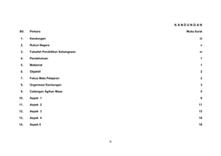 KANDUNGAN

Bil.   Perkara                                   Muka Surat

 1.    Kandungan                                         iii

 2.    Rukun Negara                                      v

 3.    Falsafah Pendidikan Kebangsaan                    vi

 4.    Pendahuluan                                       1

 5.    Matlamat                                          1

 6.    Objektif                                          2

 7.    Fokus Mata Pelajaran                              2

 8.    Organisasi Kandungan                              3

 9.    Cadangan Agihan Masa                              5

10.    Aspek 1                                           6

11.    Aspek 2                                          11

12.    Aspek 3                                          15

13.    Aspek 4                                          16

14.    Aspek 5                                          18




                                        iii
 
