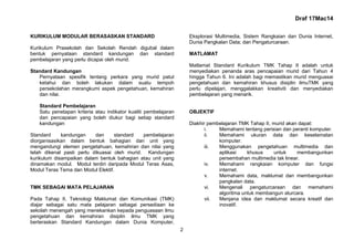 Draf 17Mac14
2
KURIKULUM MODULAR BERASASKAN STANDARD
Kurikulum Prasekolah dan Sekolah Rendah digubal dalam
bentuk pernyataan standard kandungan dan standard
pembelajaran yang perlu dicapai oleh murid.
Standard Kandungan
Pernyataan spesifik tentang perkara yang murid patut
ketahui dan boleh lakukan dalam suatu tempoh
persekolahan merangkumi aspek pengetahuan, kemahiran
dan nilai.
Standard Pembelajaran
Satu penetapan kriteria atau indikator kualiti pembelajaran
dan pencapaian yang boleh diukur bagi setiap standard
kandungan
Standard kandungan dan standard pembelajaran
diorganisasikan dalam bentuk bahagian dan unit yang
mengandungi elemen pengetahuan, kemahiran dan nilai yang
telah dikenal pasti perlu dikuasai oleh murid. Kandungan
kurikulum disampaikan dalam bentuk bahagian atau unit yang
dinamakan modul. Modul terdiri daripada Modul Teras Asas,
Modul Teras Tema dan Modul Elektif.
TMK SEBAGAI MATA PELAJARAN
Pada Tahap II, Teknologi Maklumat dan Komunikasi (TMK)
diajar sebagai satu mata pelajaran sebagai persediaan ke
sekolah menengah yang menekankan kepada penguasaan ilmu
pengetahuan dan kemahiran disiplin ilmu TMK yang
berteraskan Standard Kandungan dalam Dunia Komputer,
Eksplorasi Multimedia, Sistem Rangkaian dan Dunia Internet,
Dunia Pangkalan Data; dan Pengaturcaraan.
MATLAMAT
Matlamat Standard Kurikulum TMK Tahap II adalah untuk
menyediakan penanda aras pencapaian murid dari Tahun 4
hingga Tahun 6. Ini adalah bagi memastikan murid menguasai
pengetahuan dan kemahiran khusus disiplin ilmuTMK yang
perlu dipelajari, menggalakkan kreativiti dan menyediakan
pembelajaran yang menarik.
OBJEKTIF
Diakhir pembelajaran TMK Tahap II, murid akan dapat:
i. Memahami tentang perisian dan peranti komputer.
ii. Memahami ukuran data dan keselamatan
komputer.
iii. Menggunakan pengetahuan multimedia dan
aplikasi khusus untuk membangunkan
persembahan multimedia tak linear.
iv. Memahami rangkaian komputer dan fungsi
internet.
v. Memahami data, maklumat dan membangunkan
pangkalan data.
vi. Mengenali pengaturcaraan dan memahami
algoritma untuk membangun aturcara.
vii. Menjana idea dan maklumat secara kreatif dan
inovatif.
 