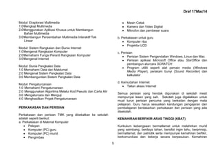 Draf 17Mac14
5
Modul: Eksplorasi Multimedia
1.0Mengkaji Multimedia
2.0Menggunakan Aplikasi Khusus untuk Membangun
Bahan Multimedia
3.0Membangun Persembahan Multimedia Interaktif Tak
Linear
Modul: Sistem Rangkaian dan Dunia Internet
1.0Mengenal Rangkaian Komputer
2.0Memahami Fungsi Peranti Rangkaian Komputer
3.0Mengenal Internet
Modul: Dunia Pangkalan Data
1.0 Memahami Data dan Maklumat
2.0 Mengenal Sistem Pangkalan Data
3.0 Membangunkan Sistem Pangkalan Data
Modul: Pengaturcaraan
1.0 Memahami Pengaturcaraan
2.0 Menggunakan Algoritma Melalui Kod Pseudo dan Carta Alir
3.0 Mengaturcara dan Menguji
4.0 Menghasilkan Projek Pengaturcaraan
PERKAKASAN DAN PERISIAN
Perkakasan dan perisian TMK yang dibekalkan ke sekolah
adalah seperti berikut:
a. Perkakasan di Makmal Komputer
Pelayan
Komputer (PC) guru
Komputer (PC) murid
Pengimbas
Mesin Cetak
Kamera dan Video Digital
Mikrofon dan pembesar suara
b. Perkakasan untuk guru
Komputer riba
Projektor LCD
c. Perisian
Perisian Sistem Pengendalian Windows, Linux dan Mac
Perisian aplikasi Microsoft Office atau StarOffice dan
pembangun aturcara SCRATCH
Program utiliti seperti alat pemain media (Windows
Media Player), perakam bunyi (Sound Recorder) dan
kalkulator
d. Kemudahan Internet
Talian akses Internet
Semua perisian yang hendak digunakan di sekolah mesti
mempunyai lesen yang sah. Sekolah juga digalakkan untuk
muat turun perisian percuma yang berkaitan dengan mata
pelajaran. Guru harus sesuaikan kandungan pengajaran dan
pembelajaran berdasarkan perkakasan dan perisian yang ada
disekolah.
KEMAHIRAN BERFIKIR ARAS TINGGI (KBAT)
Kurikulum kebangsaan bermatlamat untuk melahirkan murid
yang seimbang, berdaya tahan, bersifat ingin tahu, berprinsip,
bermatlamat, dan patriotik serta mempunyai kemahiran berfikir,
berkomunikasi dan bekerja secara berpasukan. Kemahiran
 