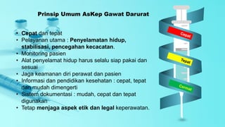 • Cepat dan tepat
• Pelayanan utama : Penyelamatan hidup,
stabilisasi, pencegahan kecacatan.
• Monitoring pasien
• Alat penyelamat hidup harus selalu siap pakai dan
sesuai
• Jaga keamanan diri perawat dan pasien
• Informasi dan pendidikan kesehatan : cepat, tepat
dan mudah dimengerti
• Sistem dokumentasi : mudah, cepat dan tepat
digunakan
• Tetap menjaga aspek etik dan legal keperawatan.
Prinsip Umum AsKep Gawat Darurat
 