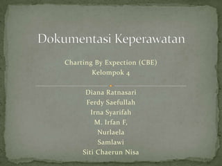 Charting By Expection (CBE)
        Kelompok 4

      Diana Ratnasari
      Ferdy Saefullah
        Irna Syarifah
         M. Irfan F,
          Nurlaela
          Samlawi
     Siti Chaerun Nisa
 