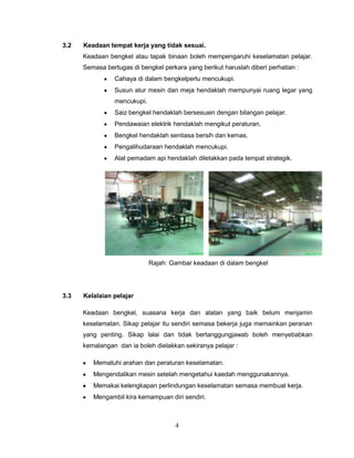 3.2   Keadaan tempat kerja yang tidak sesuai.
      Keadaan bengkel atau tapak binaan boleh mempengaruhi keselamatan pelajar.
      Semasa bertugas di bengkel perkara yang berikut haruslah diberi perhatian :
                Cahaya di dalam bengkelperlu mencukupi.
                Susun atur mesin dan meja hendaklah mempunyai ruang legar yang
                mencukupi.
                Saiz bengkel hendaklah bersesuain dengan bilangan pelajar.
                Pendawaian elektrik hendaklah mengikut peraturan.
                Bengkel hendaklah sentiasa bersih dan kemas.
                Pengalihudaraan hendaklah mencukupi.
                Alat pemadam api hendaklah diletakkan pada tempat strategik.




                             Rajah: Gambar keadaan di dalam bengkel




3.3   Kelalaian pelajar

      Keadaan bengkel, suasana kerja dan alatan yang baik belum menjamin
      keselamatan. Sikap pelajar itu sendiri semasa bekerja juga memainkan peranan
      yang penting. Sikap lalai dan tidak bertanggungjawab boleh menyebabkan
      kemalangan dan ia boleh dielakkan sekiranya pelajar :

         Mematuhi arahan dan peraturan keselamatan.
         Mengendalikan mesin setelah mengetahui kaedah menggunakannya.
         Memakai kelengkapan perlindungan keselamatan semasa membuat kerja.
         Mengambil kira kemampuan diri sendiri.



                                      4
 