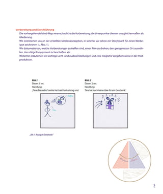Vorbereitung und Durchführung
   Die vorhergehende Mind-Map veranschaulicht die Vorbereitung; die Unterpunkte dienten uns gleichermaßen als
   Gliederung.
   Wir orientierten uns an der erstellten Medienkonzeption, in welcher wir schon ein Storyboard für einen Werbe-
   spot zeichneten (s. Abb. 1).
   Wir dokumetierten, welche Vorbereitungen zu treffen sind, einen Film zu drehen; den geeigenteten Ort auswäh-
   len, das nötige Euquipment zu beschaffen, etc..
   Weiterhin erläuterten wir wichtige Licht- und Audioeinstellungen und eine mögliche Vorgehensweise in der Post-
   produktion.




            „Abb. 1: Auszug des Storyboards“




                                                                                                                    5
 