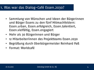 1. Was war das Dialog-Café Essen.2030?


  • Sammlung von Wünschen und Ideen der Bürgerinnen
    und Bürger Essens zu den fünf Mitmachfeldern:
    Essen.urban, Essen.erfolgreich, Essen.talentiert,
    Essen.vielfältig, Essen.engagiert
  • Mehr als 30 Bürgerinnen und Bürger
  • 12 Mitarbeiter/innen des Projektteams Essen.2030
  • Begrüßung durch Oberbürgermeister Reinhard Paß
  • Format: Worldcafé




  01.10.2012          Zebralog GmbH & Co. KG            4
 