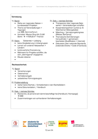 Denkwerkstatt: JugendMentoring e.V.
                  endMentoring        Dokumentation des Strategieworkshops JugendMentoring 2020 am 14.-15. Januar 2011




Vernetzung

1) Stand:                                                  3) Ziele / nächste Schritte:
   • Reihe von regionalen Netzen +                            • Transparenz über regionale Netz Netz-
      bundesweiten Projekten                                      werke + Veranstaltungen schaffen
   • Thema auf Veranstaltungen +                              • Kooperationspartner suchen (z. B.
                                                                             nspartner
      Tagungen                                                    Weinheimer Bildungskette)
      u.a. BBE, Sommerforum                                   • Matching / Vernetzungskongress
   • Vorreiter: Mentor.Ring HH, D:JM                              (Messe, BarCamp)
      Berlin     ≠ FOKUS II = Themen                          • Thematische Schnittmengen
                                                                  herausfinden + gemeinsam
2) Vision:    Solidarität + Lobbying                              bearbeiten (Qualifikation + Internet)
   • keine Zergliederung in Untergruppen                      • Diskussion über nationale Standards
   • Lernen von anderen Netzwerken +                              (nationale Charta -> Code of Conduct)
       Ländern
   • kontinuierliche Finanzierung
   • Mehrwert für Projekte schaffen, die
       sich „überregional“ engagieren.
   • Rituale initiieren
   •

Rechtssicherheit

1) Stand:
   • Versicherungen
   • Datenschutz
   • Verhaltensregeln
   • polizeiliches Führungszeugnis

2) Problemstellung:
   • bisher keine Klarheit / Einheitlichkeit in den Rechtsfeldern
   • keine Dokumentation / Handbuch

3) Ziele / nächste Schritte:
   • Recherche, ob jemand sich damit beschäftigt hat (Handbuch/Homepage)
          BBE
   • Zusammentragen von vorhandenen Verhaltensregeln




                                                   13 von 24
 
