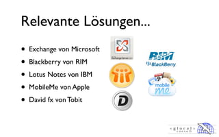 Relevante Lösungen...
• Exchange von Microsoft
• Blackberry von RIM
• Lotus Notes von IBM
• MobileMe von Apple
• David fx von Tobit
 