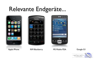 Relevante Endgeräte...




Apple iPhone   RIM Blackberry   MS Mobile PDA   Google G1
 