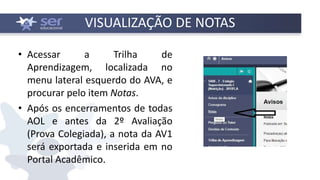 VISUALIZAÇÃO DE NOTAS
• Acessar a Trilha de
Aprendizagem, localizada no
menu lateral esquerdo do AVA, e
procurar pelo item Notas.
• Após os encerramentos de todas
AOL e antes da 2º Avaliação
(Prova Colegiada), a nota da AV1
será exportada e inserida em no
Portal Acadêmico.
 