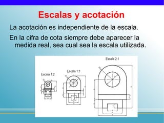 Escalas y acotación
La acotación es independiente de la escala.
En la cifra de cota siempre debe aparecer la
 medida real, sea cual sea la escala utilizada.
 