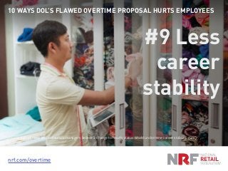 nrf.com/overtime
10 WAYS DOL’S FLAWED OVERTIME PROPOSAL HURTS EMPLOYEES
#9 Less
career
stability
Source: 33% of retail and restaurant managers believe a change to hourly status would undermine career stability. (GfK)
 