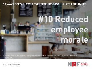 nrf.com/overtime
10 WAYS DOL’S FLAWED OVERTIME PROPOSAL HURTS EMPLOYEES
#10 Reduced
employee
morale
Source: 66% of retail and restaurant managers believe employee morale would decrease if the primary duties test is
changed. (GfK)
 