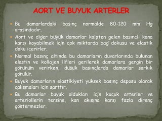  Bu damarlardaki basınç normalde 80-120 mm Hg
arasındadır.
 Aort ve diğer büyük damarlar kalpten gelen basınçlı kana
karşı koyabilmek için çok miktarda bağ dokusu ve elastik
doku içerirler.
 Normal basınç altında bu damarların duvarlarında bulunan
elastin ve kollajen lifleri gerilerek damarlara gergin bir
görünüm verirken, düşük basınçlarda damarlar sarkık
görülür.
 Büyük damarların elastikiyeti yüksek basınç deposu olarak
çalışmaları için şarttır.
 Bu damarlar büyük oldukları için küçük arterler ve
arteriollerin tersine, kan akışına karşı fazla direnç
göstermezler.
 