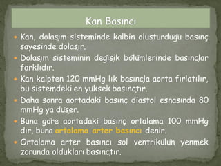  Kan, dolaşım sisteminde kalbin oluşturduğu basınç
sayesinde dolaşır.
 Dolaşım sisteminin değişik bölümlerinde basınçlar
farklıdır.
 Kan kalpten 120 mmHg lık basınçla aorta fırlatılır,
bu sistemdeki en yüksek basınçtır.
 Daha sonra aortadaki basınç diastol esnasında 80
mmHg ya düşer.
 Buna göre aortadaki basınç ortalama 100 mmHg
dır, buna ortalama arter basıncı denir.
 Ortalama arter basıncı sol ventrikülün yenmek
zorunda oldukları basınçtır.
 