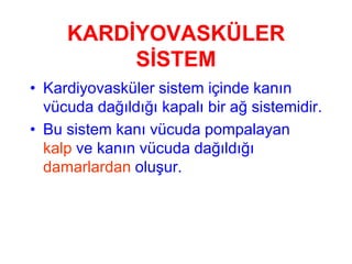 KARDİYOVASKÜLER
          SİSTEM
• Kardiyovasküler sistem içinde kanın
  vücuda dağıldığı kapalı bir ağ sistemidir.
• Bu sistem kanı vücuda pompalayan
  kalp ve kanın vücuda dağıldığı
  damarlardan oluşur.
 