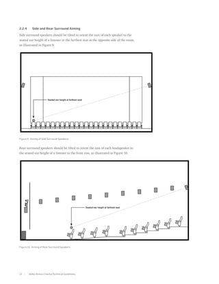 2.2.4	     Side and Rear Surround Aiming

Side surround speakers should be tilted to orient the axis of each speaker to the
seated ear height of a listener in the farthest seat at the opposite side of the room,
as illustrated in Figure 9.




Figure 9. Aiming of Side Surround Speakers



Rear surround speakers should be tilted to orient the axis of each loudspeaker to
the seated ear height of a listener in the front row, as illustrated in Figure 10.




Figure 10. Aiming of Rear Surround Speakers




12       Dolby Atmos Cinema Technical Guidelines
 