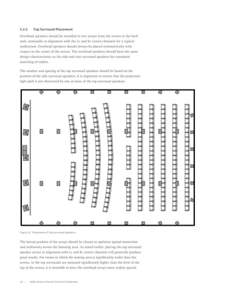 2.2.5	     Top Surround Placement

Overhead speakers should be installed in two arrays from the screen to the back
wall, nominally in alignment with the Lc and Rc screen channels for a typical
auditorium. Overhead speakers should always be placed symmetrically with
respect to the center of the screen. The overhead speakers should have the same
design characteristics as the side and rear surround speakers for consistent
matching of timbre.

The number and spacing of the top surround speakers should be based on the
position of the side surround speakers. It is important to ensure that the projection
light path is not obstructed by one or more of the top surround speakers.




Figure 12. Placement of Top Surround Speakers



The lateral position of the arrays should be chosen to optimize spatial immersion
and uniformity across the listening area. As stated earlier, placing the top surround
speaker arrays in alignment with Lc and Rc screen channels will generally produce
good results. For rooms in which the seating area is significantly wider than the
screen, or the top surrounds are mounted significantly higher than the level of the
top of the screen, it is desirable to have the overhead arrays more widely spaced.



14       Dolby Atmos Cinema Technical Guidelines
 