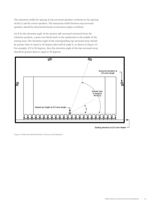 The minimum width for spacing of top surround speakers conforms to the spacing
of the Lc and Rc screen speakers. The maximum width between top surround
speakers should be determined based on elevation angles as follows.

Let E be the elevation angle of the nearest side surround measured from the
reference position, a point two-thirds back in the auditorium in the middle of the
seating area. The elevation angle of the corresponding top surround array should
be greater than or equal to 45 degrees plus half of angle E, as shown in Figure 13.
For example, if E is 20 degrees, then the elevation angle of the top surround array
should be greater than or equal to 55 degrees.




Figure 13. Maximum Width Between Top Surround Speakers




                                                                                      Dolby Atmos Cinema Technical Guidelines   15
 