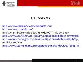 BIBLIOGRAFÍA


http://www.bucamor.com/productos/52
http://www.rosatel.com/
http://es.scribd.com/doc/23256793/ROSATEL-de-cindy
http://www.dane.gov.co/files/investigaciones/boletines/mts/bol_mt
http://www.dane.gov.co/files/investigaciones/boletines/pib/cp_PIB_
servicios sociales
http://www.compite360.com/getattachment/7fb0f027-8e85-4063-
 