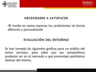 NECESIDADES A SATISFACER

 •El medio en como expresar los sentimientos de forma
 diferente y personalizada


             EVALUACIÓN DEL ENTORNO


Se han tomado las siguientes graficas para un análisis del
sector servicios, para saber que tan competitivos
podemos ser en el mercado y que porcentaje podríamos
abarcar del mismo.
 