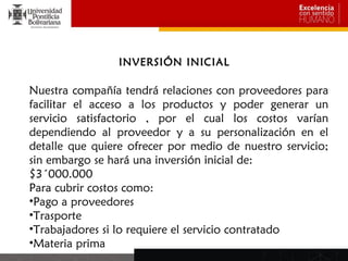 INVERSIÓN INICIAL

Nuestra compañía tendrá relaciones con proveedores para
facilitar el acceso a los productos y poder generar un
servicio satisfactorio , por el cual los costos varían
dependiendo al proveedor y a su personalización en el
detalle que quiere ofrecer por medio de nuestro servicio;
sin embargo se hará una inversión inicial de:
$3´000.000
Para cubrir costos como:
•Pago a proveedores
•Trasporte
•Trabajadores si lo requiere el servicio contratado
•Materia prima
 
