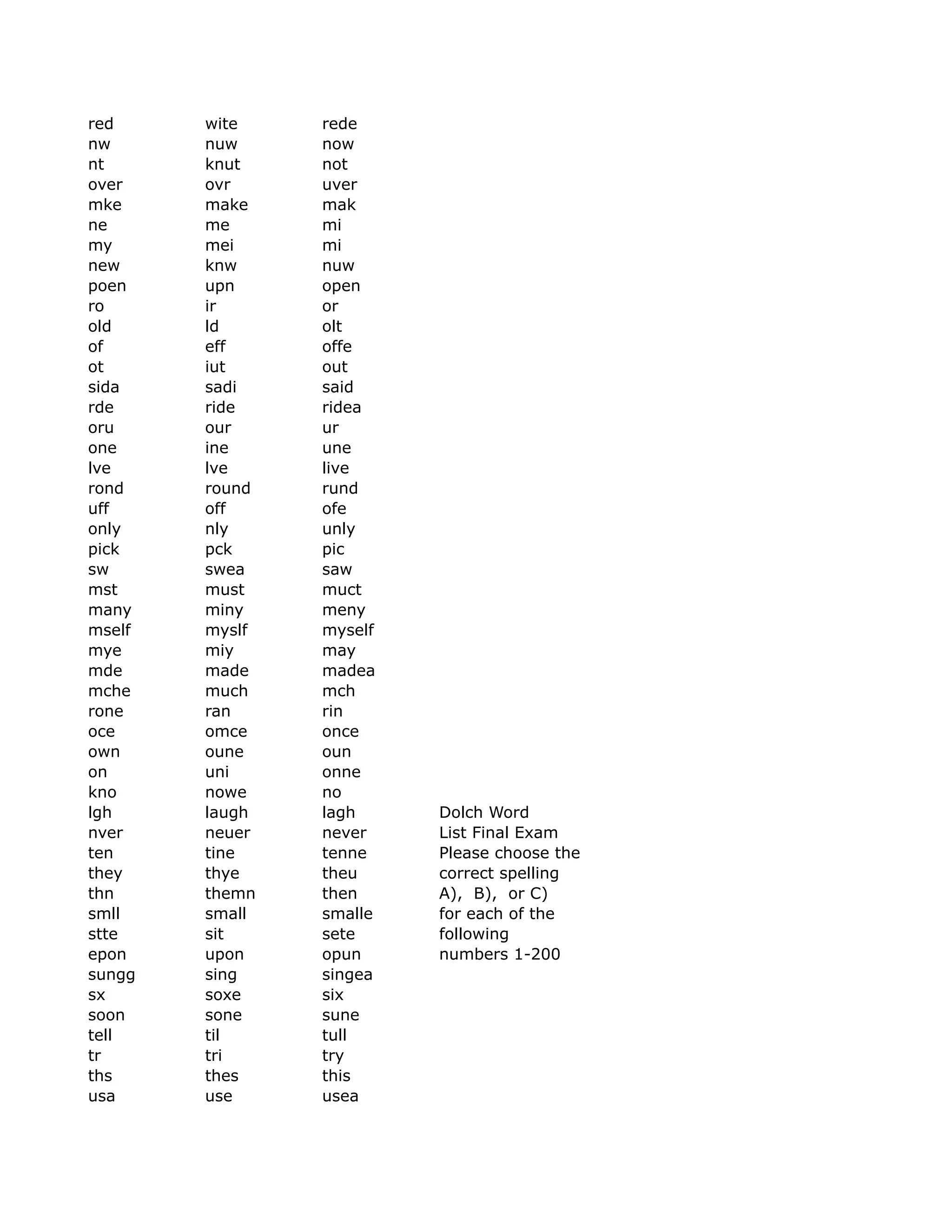 red wite rede
nw nuw now
nt knut not
over ovr uver
mke make mak
ne me mi
my mei mi
new knw nuw
poen upn open
ro ir or
old ld olt
of eff offe
ot iut out
sida sadi said
rde ride ridea
oru our ur
one ine une
lve lve live
rond round rund
uff off ofe
only nly unly
pick pck pic
sw swea saw
mst must muct
many miny meny
mself myslf myself
mye miy may
mde made madea
mche much mch
rone ran rin
oce omce once
own oune oun
on uni onne
kno nowe no
lgh laugh lagh Dolch Word
nver neuer never List Final Exam
ten tine tenne Please choose the
they thye theu correct spelling
thn themn then A), B), or C)
smll small smalle for each of the
stte sit sete following
epon upon opun numbers 1-200
sungg sing singea
sx soxe six
soon sone sune
tell til tull
tr tri try
ths thes this
usa use usea
 