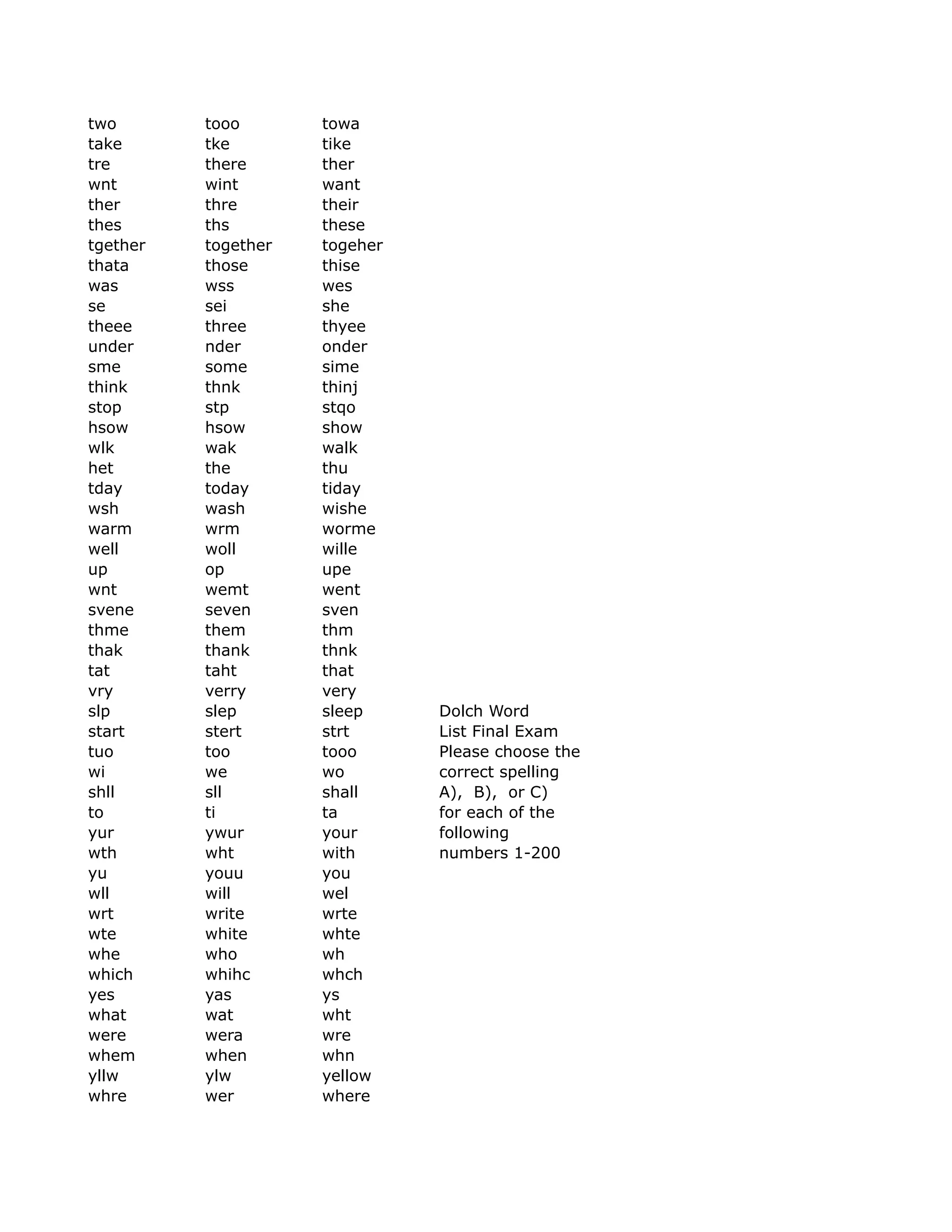 two tooo towa
take tke tike
tre there ther
wnt wint want
ther thre their
thes ths these
tgether together togeher
thata those thise
was wss wes
se sei she
theee three thyee
under nder onder
sme some sime
think thnk thinj
stop stp stqo
hsow hsow show
wlk wak walk
het the thu
tday today tiday
wsh wash wishe
warm wrm worme
well woll wille
up op upe
wnt wemt went
svene seven sven
thme them thm
thak thank thnk
tat taht that
vry verry very
slp slep sleep Dolch Word
start stert strt List Final Exam
tuo too tooo Please choose the
wi we wo correct spelling
shll sll shall A), B), or C)
to ti ta for each of the
yur ywur your following
wth wht with numbers 1-200
yu youu you
wll will wel
wrt write wrte
wte white whte
whe who wh
which whihc whch
yes yas ys
what wat wht
were wera wre
whem when whn
yllw ylw yellow
whre wer where
 