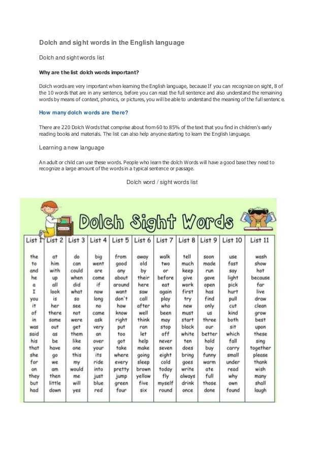 Dolch Words Or Sight Words List In The English Language